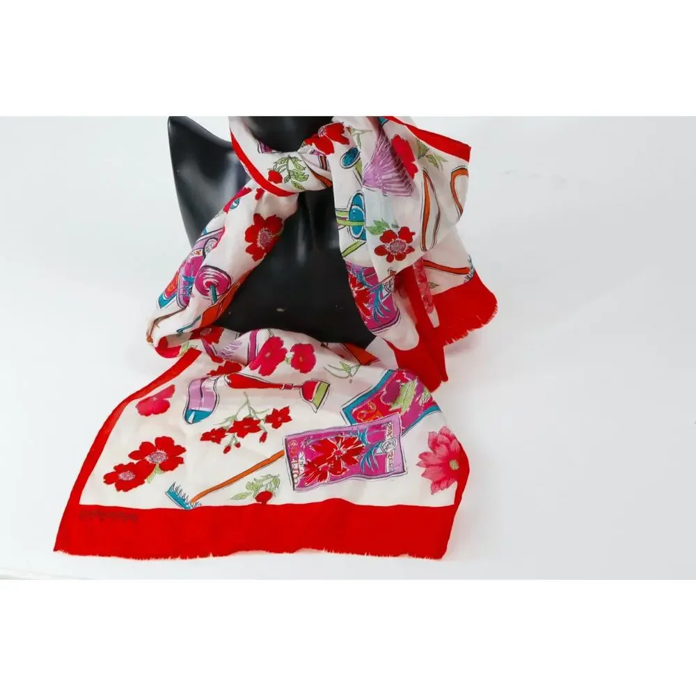 Vintage Oscar De La Renta Garden Tool Floral Silk Scarf Red White Long 51x10